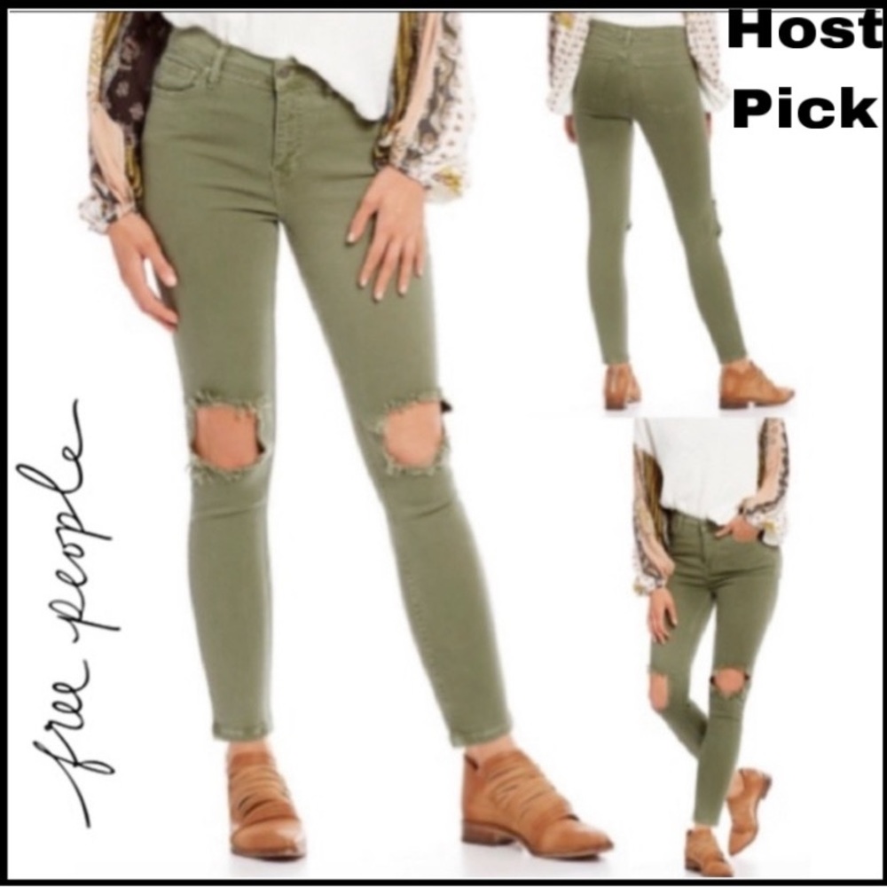 FREE PEOPLE HIGH-WAISTED OLIVE GREEN DISTRESSED SKINNY JEANS